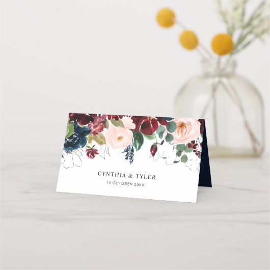 Bourgondië, marineblauw en blush roze bloemenbruil plaatskaartje (Achterkant)