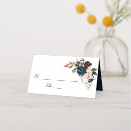 Bourgondië, marineblauw en blush roze bloemenbruil plaatskaartje