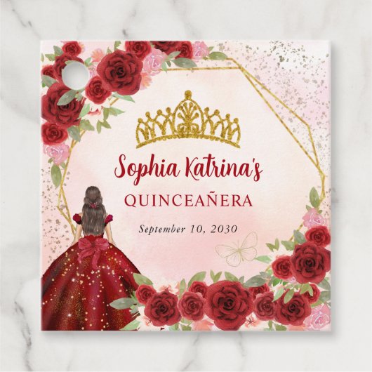 Bourgondië Maroon Gouden Glitter Floral Princess T Bedankjes Labels (Voorkant)