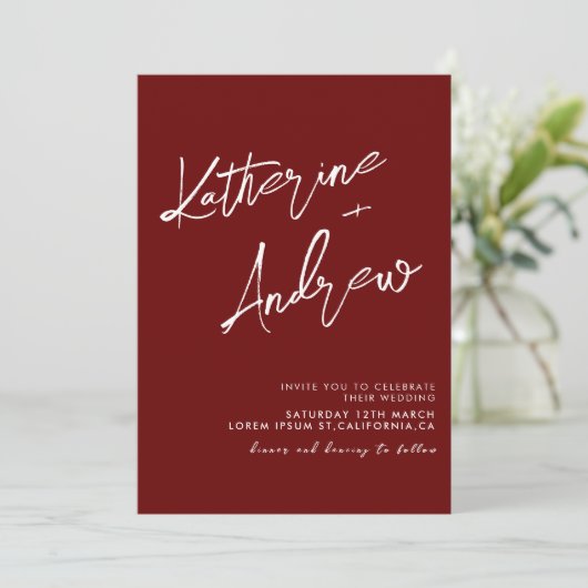 Bourgondië Maroon Minimalistisch Script Fall Weddi Kaart (Staand voorkant)