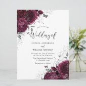 Bourgondië Maroon Rozen Zilver Elegant Grote bruil Kaart (Staand voorkant)