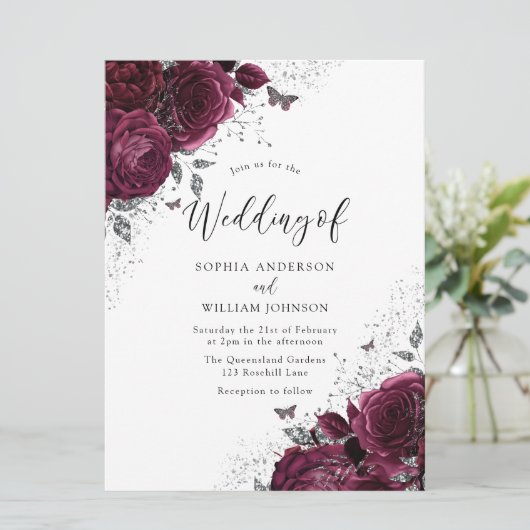 Bourgondië Maroon Rozen Zilver Elegant Grote bruil Kaart (Staand voorkant)