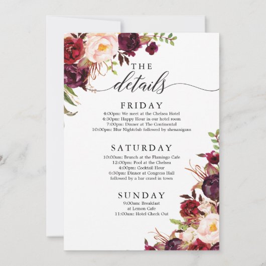 Bourgondië Marsala Bachelorette Weekendschema Kaart (Achterkant)