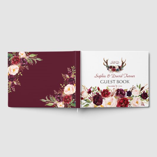 Bourgondië Marsala Bloem Herten Monogram Trouwdag Gastenboek (Volledig)