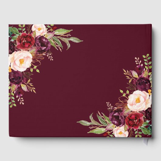 Bourgondië Marsala Bloem Herten Monogram Trouwdag Gastenboek (Achterkant)