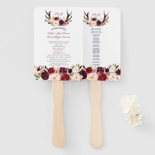 Bourgondië Marsala Bloem Hoorns Monogram Programma Handwaaier (Voorkant en achterkant)