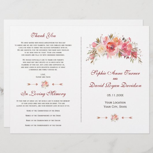 Bourgondië Marsala Bloem Hoorns Trouwprogramma (Voorkant / Achterkant)