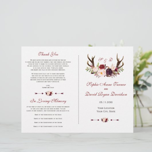 Bourgondië Marsala Bloem Takken Huwelijksprogramma (Staand voorkant)