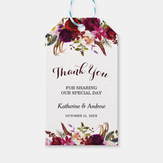 Bourgondië Marsala Bloemen Herfst bruiloft Dank u Cadeaulabel (Voorkant)