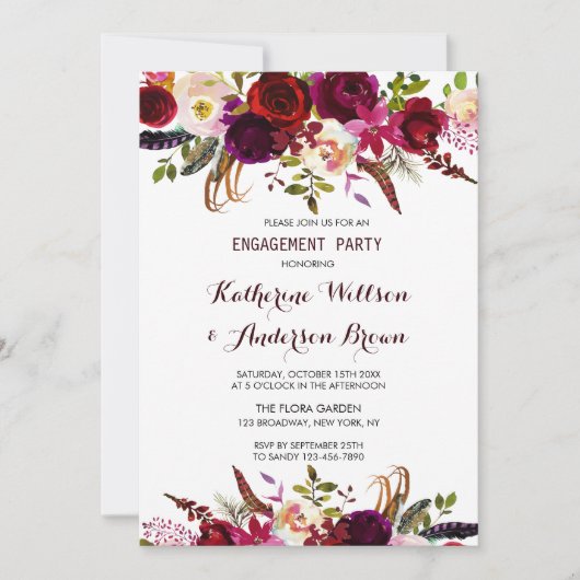 Bourgondië Marsala Bloemen Herfst Verlovingsfeest Kaart (Voorkant)