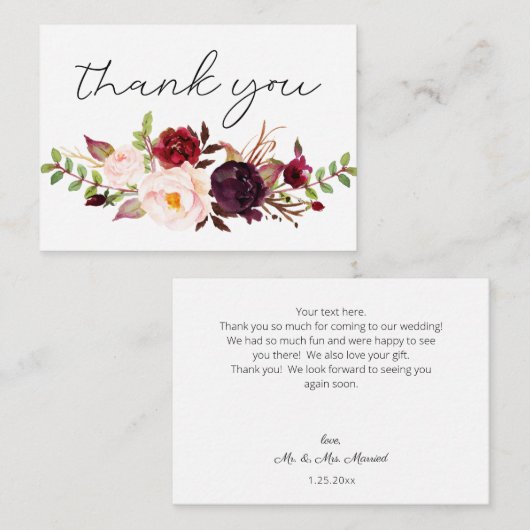 Bourgondië Marsala Bloemen Klein Dank u Wit Notitiekaartje (Voorkant / Achterkant)