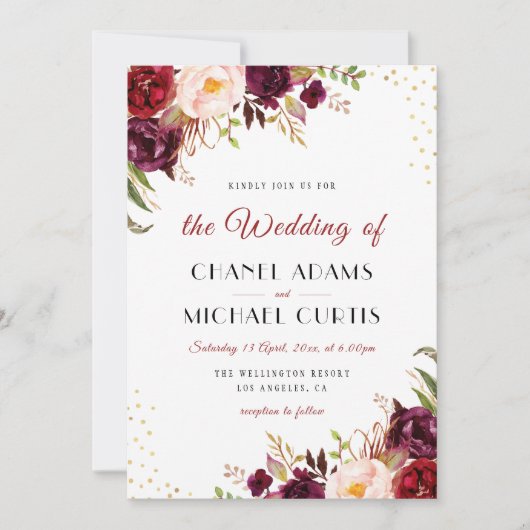 Bourgondië Marsala Bloemen Uitnodiging voor een br (Voorkant)