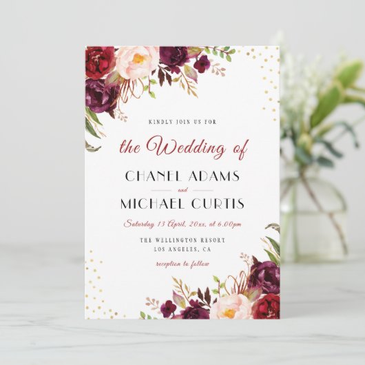 Bourgondië Marsala Bloemen Uitnodiging voor een br (Staand voorkant)