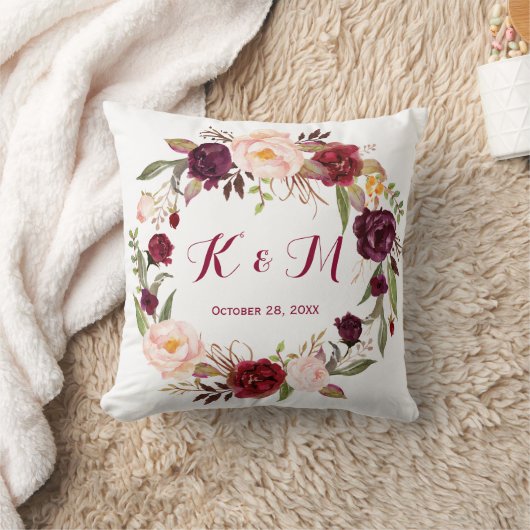Bourgondië Marsala Bloemenkrans Bruiloft Monogram Kussen (Deken)