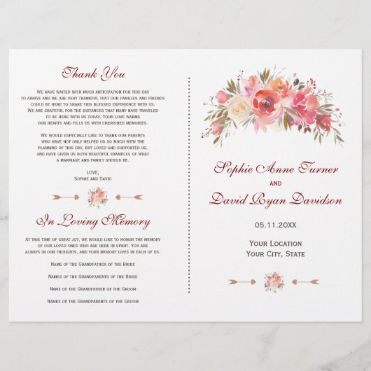 Bourgondië Marsala Bloemige Geweiprogramma Trouwen (Voorkant)