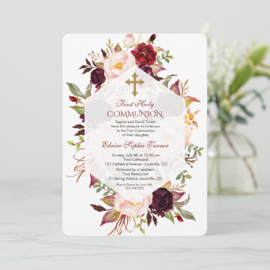 Bourgondië Marsala Bloemrijke Geometrische Eerste  Kaart (Staand voorkant)