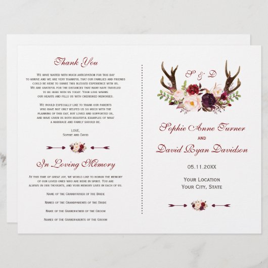 Bourgondië Marsala Bloemrijke Geweihend Huwelijksp (Voorkant / Achterkant)