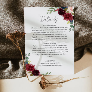 Bourgondië Marsala & Blush Bloemen Bruiloft Detail Informatiekaartje
