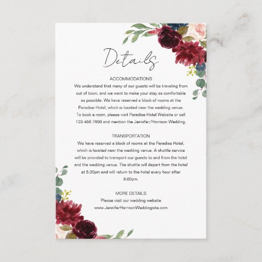 Bourgondië Marsala & Blush Bloemen Bruiloft Detail Informatiekaartje (Voorkant)