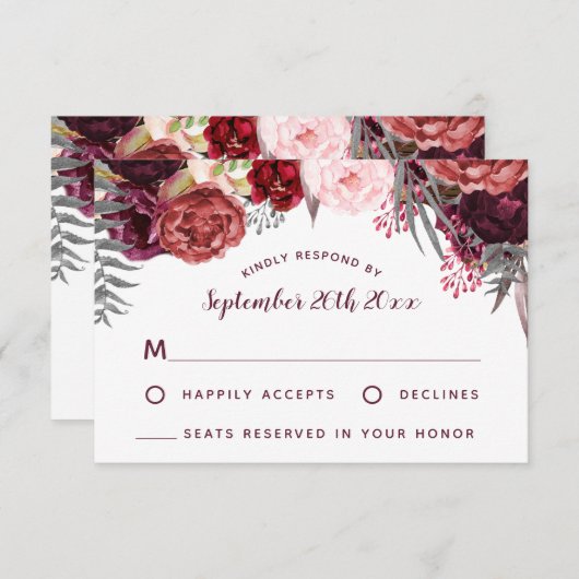 Bourgondië Marsala Blush Pioen Bruiloft RSVP Kaart (Voorkant / Achterkant)