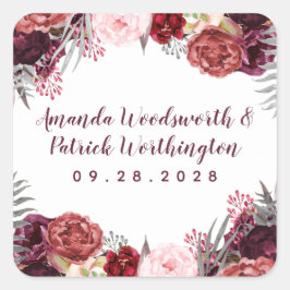 Bourgondië Marsala Blush Roze Pioen Bruiloft Favor Vierkante Sticker