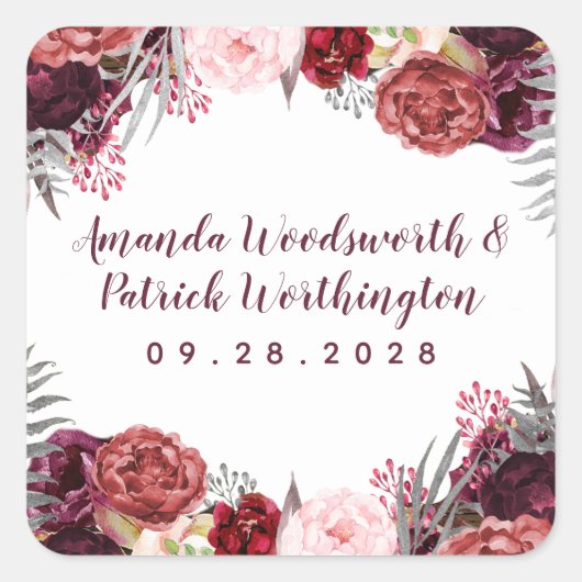 Bourgondië Marsala Blush Roze Pioen Bruiloft Favor Vierkante Sticker (Voorkant)