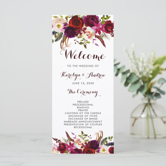 Bourgondië Marsala Bohemian Floral bruiloft progra Programmakaart (Staand voorkant)