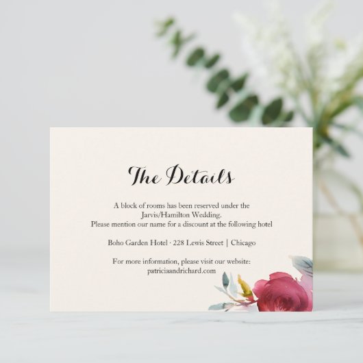 Bourgondië Marsala Boho Bloemen Bruiloft Details Informatiekaartje (Staand voorkant)