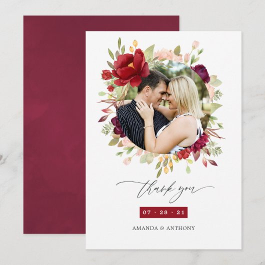 Bourgondië - Marsala en Blush Bloemen Bruiloft Fot Bedankkaart (Voorkant / Achterkant)