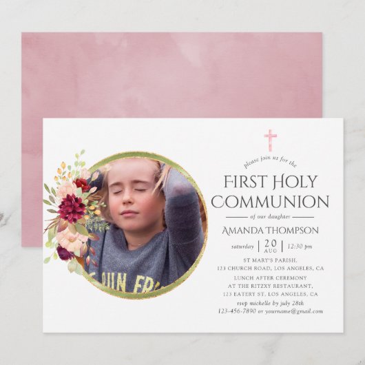Bourgondië-Marsala en Blush Eerste Heilige Communi Kaart (Voorkant / Achterkant)