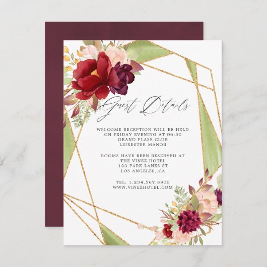 Bourgondië-Marsala en Blush Geometrische gastgegev Informatiekaartje (Voorkant / Achterkant)