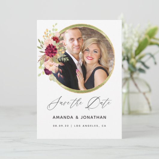 Bourgondië-Marsala en Blush Geometrische Save the  Save The Date (Staand voorkant)