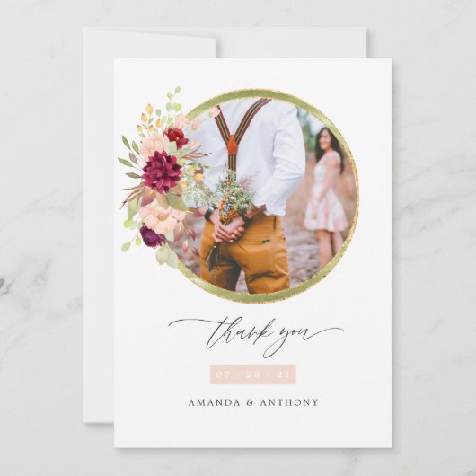 Bourgondië-Marsala en Blush Huwelijksfotocollage Bedankkaart (Voorkant)