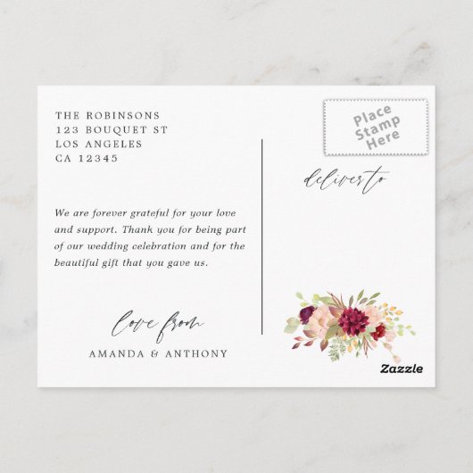 Bourgondië-Marsala en Blush Trouwfoto Dank u Briefkaart (Achterkant)