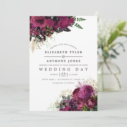  Bourgondië - Marsala en gouden bloemenbruiloft Kaart (Staand voorkant)