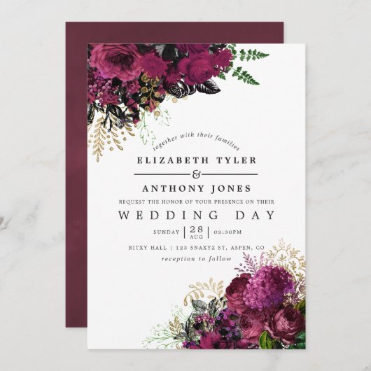  Bourgondië - Marsala en gouden bloemenbruiloft Kaart (Voorkant / Achterkant)