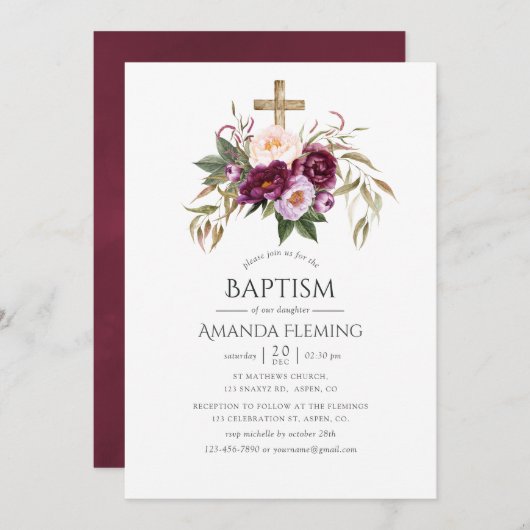 Bourgondië/Marsala en perzik Doop of Doopsel Kaart (Voorkant / Achterkant)