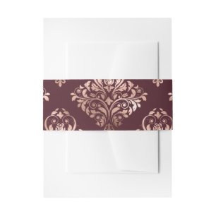 Bourgondië - Marsala en Rose Goud Damast Bruiloft Uitnodigingen Wikkel