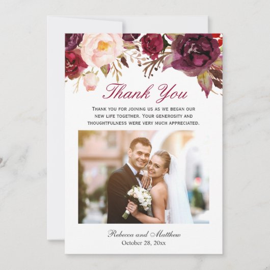 Bourgondië Marsala Floral bruiloft foto dank u Bedankkaart (Voorkant)