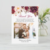 Bourgondië Marsala Floral bruiloft foto dank u Bedankkaart (Staand voorkant)