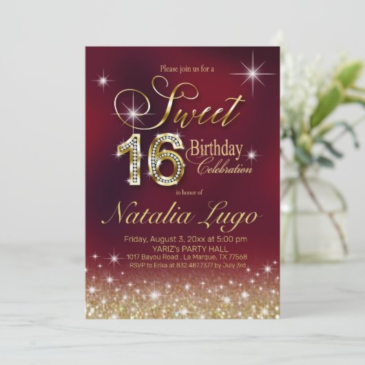 Bourgondië Marsala Gold Glitter Sweet 16 Verjaarda Kaart (Staand voorkant)