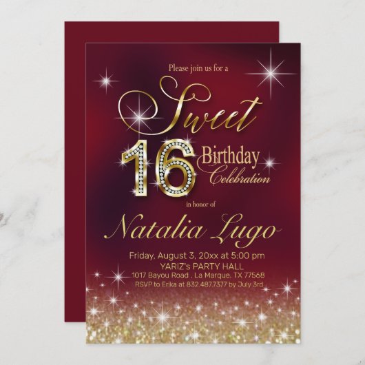 Bourgondië Marsala Gold Glitter Sweet 16 Verjaarda Kaart (Voorkant / Achterkant)