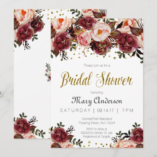 Bourgondië Marsala Herfst Bruids Douche Uitnodigin Kaart (Voorkant / Achterkant)