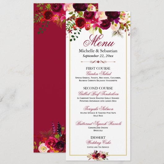 Bourgondië Marsala Landelijk Bloemen Bruiloftsmenu Menu (Voorkant / Achterkant)