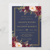 Bourgondië Marsala Marine Bloemen bruiloft uitnodi Kaart (Voorkant)