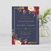 Bourgondië Marsala Marine Bloemen bruiloft uitnodi Kaart (Staand voorkant)