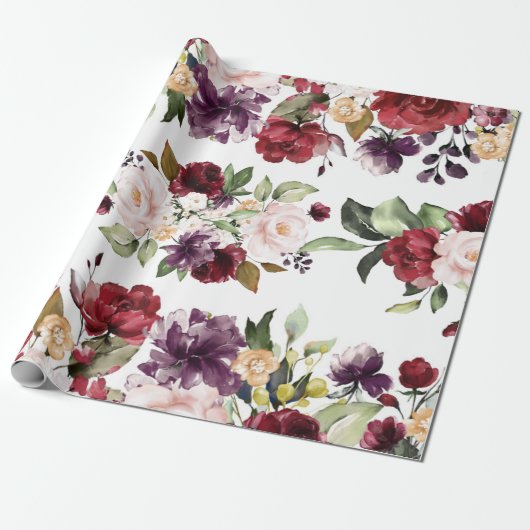 Bourgondië Marsala Merlot Bloemen Waterverf Bruilo Cadeaupapier (Uitgerold)