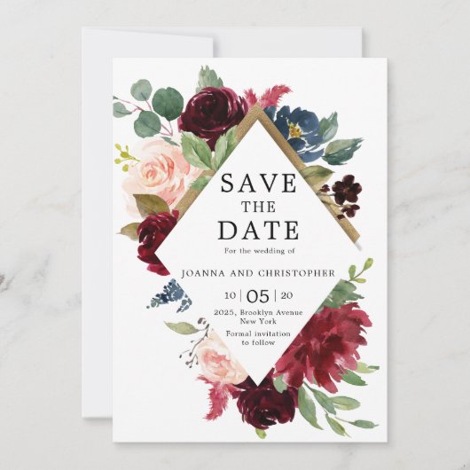Bourgondié Marsala Navy Blauwe Blos Roze Rozen Bru Save The Date (Voorkant)