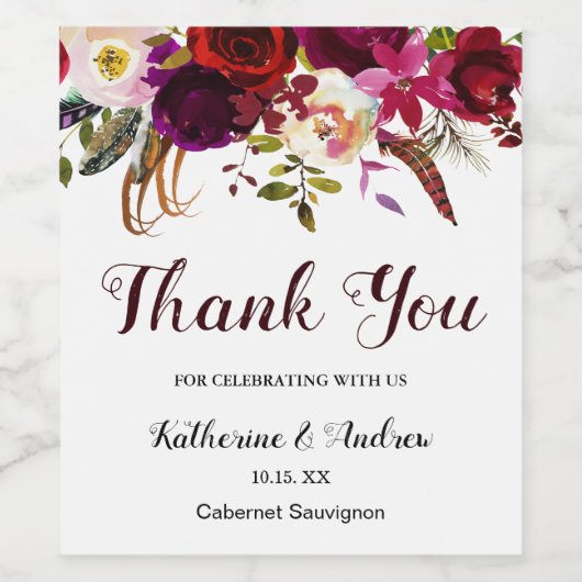 Bourgondië Marsala Red Boho Bloemenbruiloft Dank u Wijn Etiket (Enkel label)