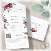 Bourgondië | Marsala Red Floral | QR-code RSVP All In One Uitnodiging